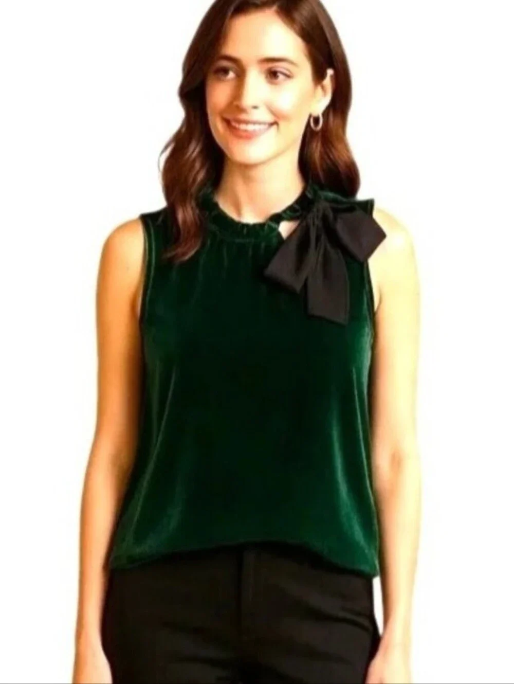 J. Crew Women's Green Velvet Ruffle Neck Sleeveless Bow Shirt Holiday Size Small